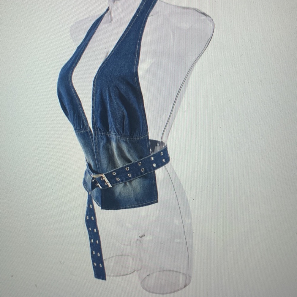 Denim Halter Belted Top in Deep Blue - Picture 5 of 6